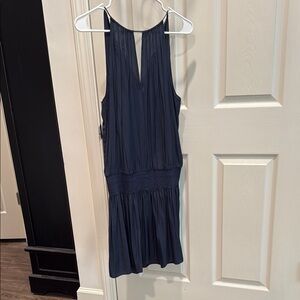 Ramy Brook Blue and White Ruched Ruffled Halter Sundress